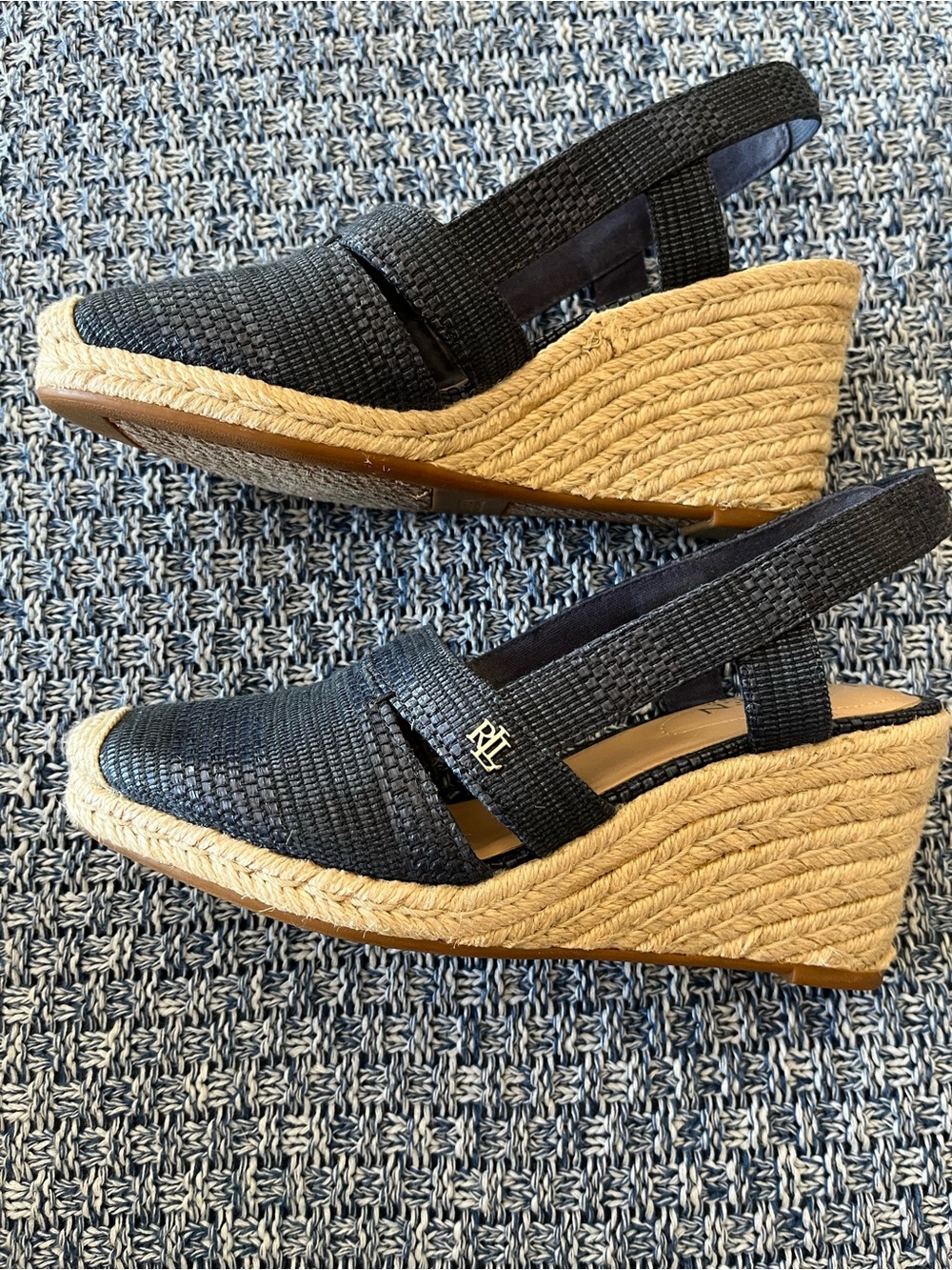LAUREN Ralph Lauren Navy Woven Espadrille Slingback Flats with Natural Jute Toe - Picture 10 of 14